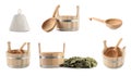 Different sauna items isolated on white, set Royalty Free Stock Photo
