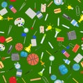 Different school objects in good seamless pattern. Flat vector illustration background.