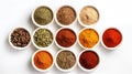 Different seasonings in cups. Spice background