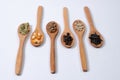 Different seeds -maize, squash, coffee, pepper, rice, sunflower- in wooden spoons on a white surface Royalty Free Stock Photo