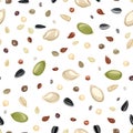 Different seeds on a white background seamless pattern. Vector illustration of Sunflower, pumpkin, sesame, flaxseed, quinoa and he Royalty Free Stock Photo