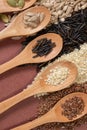 Different seeds in wooden spoons on a surface of different seeds and brown background Royalty Free Stock Photo