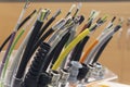 Different separation power cables on the showcase close up Royalty Free Stock Photo