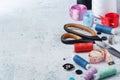 Sewing tools forming background with copy space Royalty Free Stock Photo