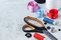 Sewing tools forming background with copy space Royalty Free Stock Photo