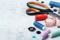 Sewing tools forming background with copy space Royalty Free Stock Photo