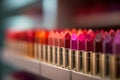 Different shaded lipsticks in a row on display in store