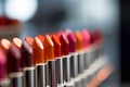 Different shaded lipsticks in a row on display in store