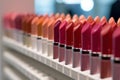 Different shaded lipsticks in a row on display in store