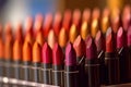 Different shaded lipsticks in a row on display in store