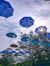 Different shades of blue umbrellas floating.