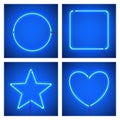 Different shape blue neon frames. Vector realistic neon star, square, circle and heart on blue background. Royalty Free Stock Photo