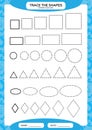 Different shape sizes. Learning Basic Shapes. Trace, and Draw. Worksheet for preschool kids. Practicing motor skills