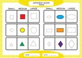 Different shape sizes. Small, medium, large. Learning Basic Shapes. Color, Trace, and Draw. Worksheet for preschool kids