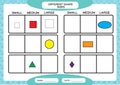 Different shape sizes. Small, medium, large. Learning Basic Shapes. Color, Trace, and Draw. Worksheet for preschool kids