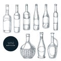 Different shapes of wine bottles. Vector sketch isolated illustration. Wine list or bar menu hand drawn design elements