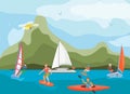 Different ships and vessels for water activity vector illustration. Water sportsmen people and kinds of sports surfing