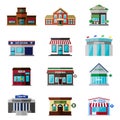 Different shops, buildings and stores flat icon set Royalty Free Stock Photo