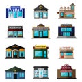 Different shops, buildings and stores flat icon set isolated on white. Includes newsagents, bridal boutique, cafe Royalty Free Stock Photo