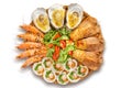 Different shrimps: Spiked shrimp-bear and king prawn, grilled oysters with cheese, scallops Royalty Free Stock Photo