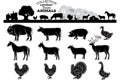 Different silhouettes and monochrome images of farm animals and birds Royalty Free Stock Photo