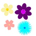 Different simple flowers yellow, purple, pink and blue with musical notes on them isolated on white background in vector