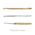 Different size crochet hooks for knitting isolated on white background. Watercolor hand drawn set crocheting wooden and Royalty Free Stock Photo