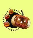 Different-sized Halloween pumpkins with lightning inside. Concept of holiday poster