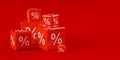 Different sized stacked red cubes or dice with percent sign symbol on red background, sale, discount or sales price reduction