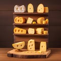 Different sizes of delicious pieces of cheese on a old rustic wooden board. generative AI