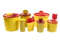 Different sizes of Medical waste bins 1.3, 2, 3, 5 liter. Yellow biohazard medical contaminated and sharp clinical waste Royalty Free Stock Photo