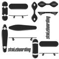 Different skateboard set black and white icon, youth apparel fashion print minimal style, word skateboarding lettering