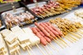 Different skewer meat and tofu in Taiwan street market