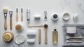 different skincare instruments arranged on a modern vanity, creating a skincare toolkit theme with room for text Royalty Free Stock Photo