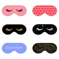 Different sleep masks set. Eye protection wear accessory collection.