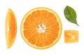 Different slices of orange fruit and orange leaf isolated on white background, top view. Vitamin C, Detox conception Royalty Free Stock Photo