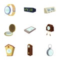 Different slyle of clock icons set, cartoon style