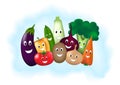 Different smiling vegetables on  light blue background, horizontal vector illustration Royalty Free Stock Photo