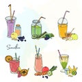 Different smoothie set. Collection of various summer drinks with fruits, berries, vegetables. Colorful beverage in