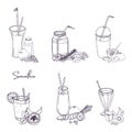 Different smoothie set. Collection of various summer drinks with fruits, berries, vegetables. Hand drawn vector