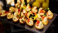 Different snacks and appetizers ready for a cocktail party. Catering concept. Royalty Free Stock Photo