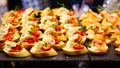 Different snacks and appetizers ready for a cocktail party. Catering concept. Royalty Free Stock Photo