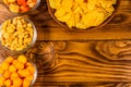 Different snacks for beer on wooden table. Top view Royalty Free Stock Photo