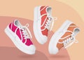 Different sneakers in air on color background