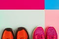 different sneakers, colored surface. sport shoes on colorful background