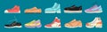 Different sneakers and gumshoes doodle icons. Shoes hand drawn style elements. Flat various trendy sports boots. Decent