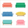 Different sofas set, couches collection, furniture in flat style, vector illustration