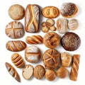 Different sorts of bread isolated on white background, created with generative AI