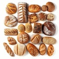 Different sorts of bread isolated on white background, created with generative AI