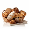 Different sorts of bread on white background, created with generative AI